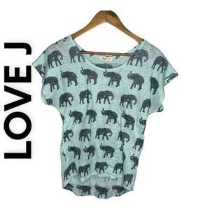Love J Women’s Medium Short Sleeve Elephant Print Sheer Green T Shirt
